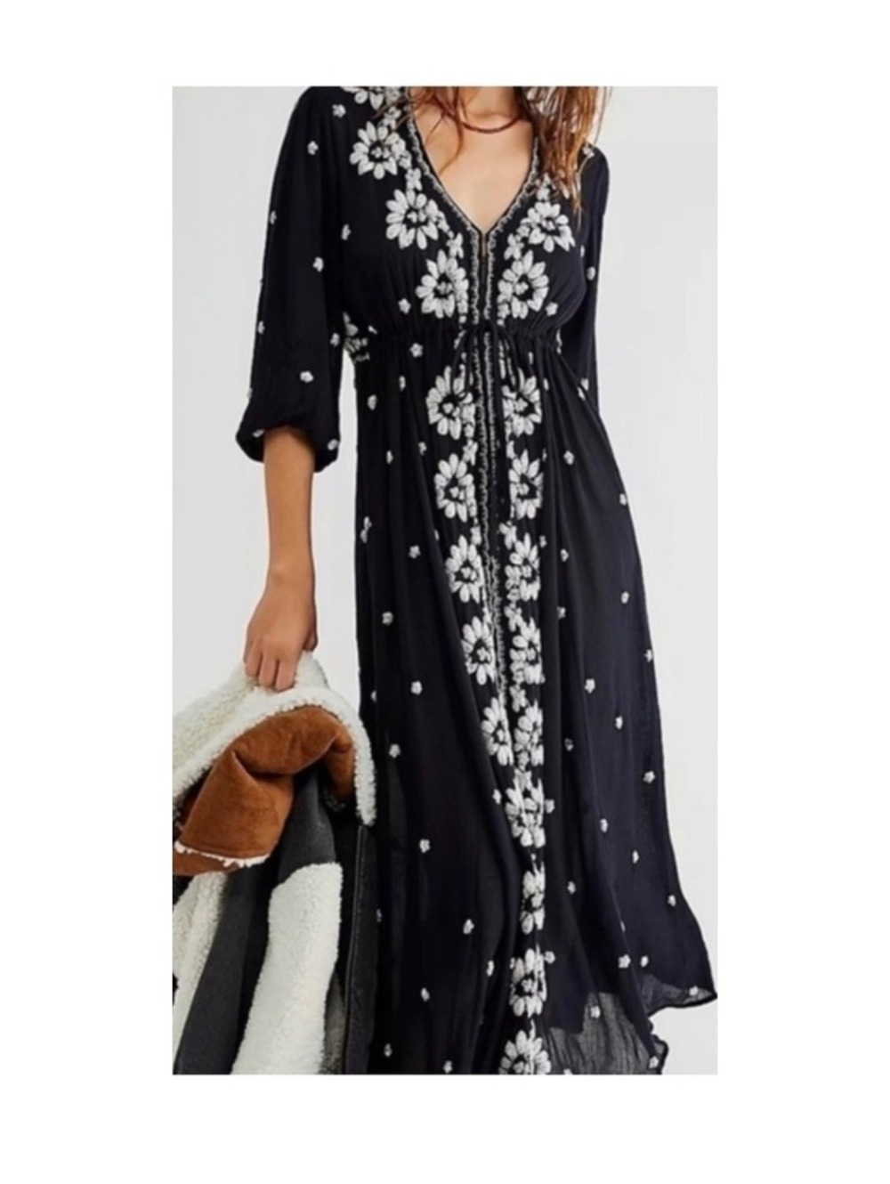 Free People Black Embroidered Fable Maxi Dress Small